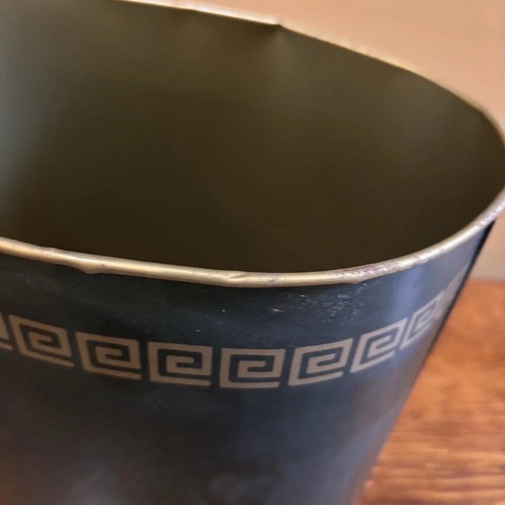 Vintage Cheinco Metal Wastebasket Greek Key Black Gold Mid Century Trash Can